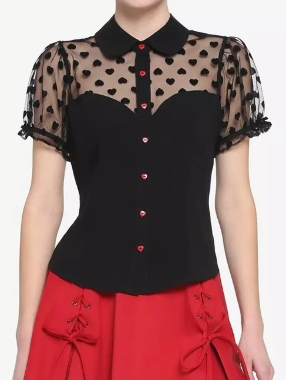 Black Flocked Heart Girls Woven Button-Up